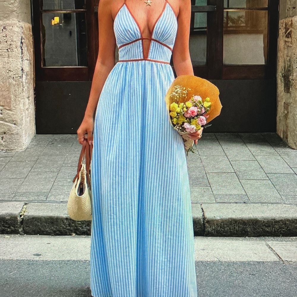 Blue Striped Maxi Dress with Contrast Trim - Women's Summer Dress